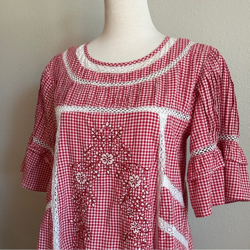 Free People Sunny Day Embroidered Red Gingham Shift Dress with Short Sleeves - Picture 2 of 11